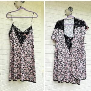 Vintage 90s Dixie Belle Black Pink Floral Slip Dress & Robe Set